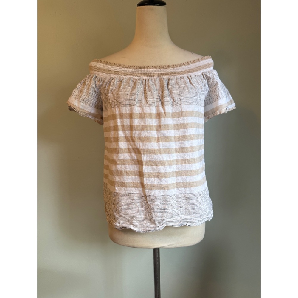 Vineyard Vines Linen Cotton  Off  Shoulder Top Beige M coastal preppy stripe dai